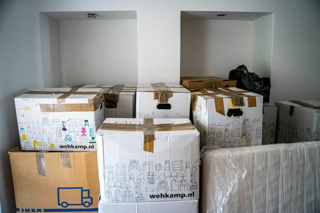 Cardboard moving boxes prepared for a household relocation